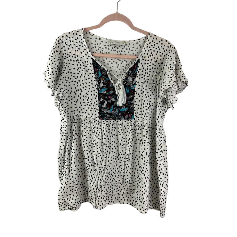 Weekend Suzanne Betro Size XL Womens top Black White Short Sleeve Boho Floral